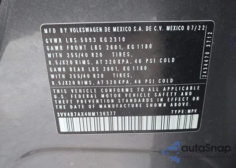 2022 Volkswagen Tiguan 2.0T Sel R-Line из США, поврежденный, VIN 3VV4B7AX4NM136377